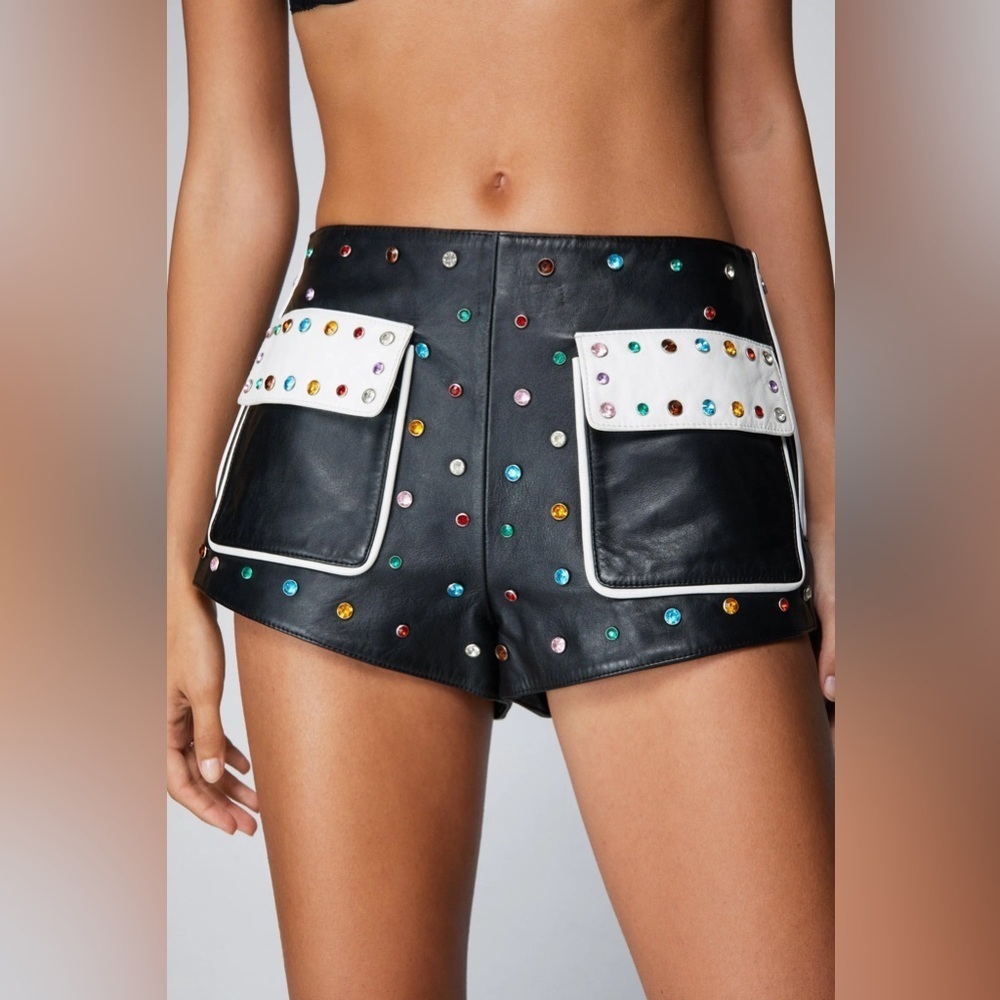 Nasty Gal sz 4 Premium Real Black Leather Studded Fringe Shorts rhinestones